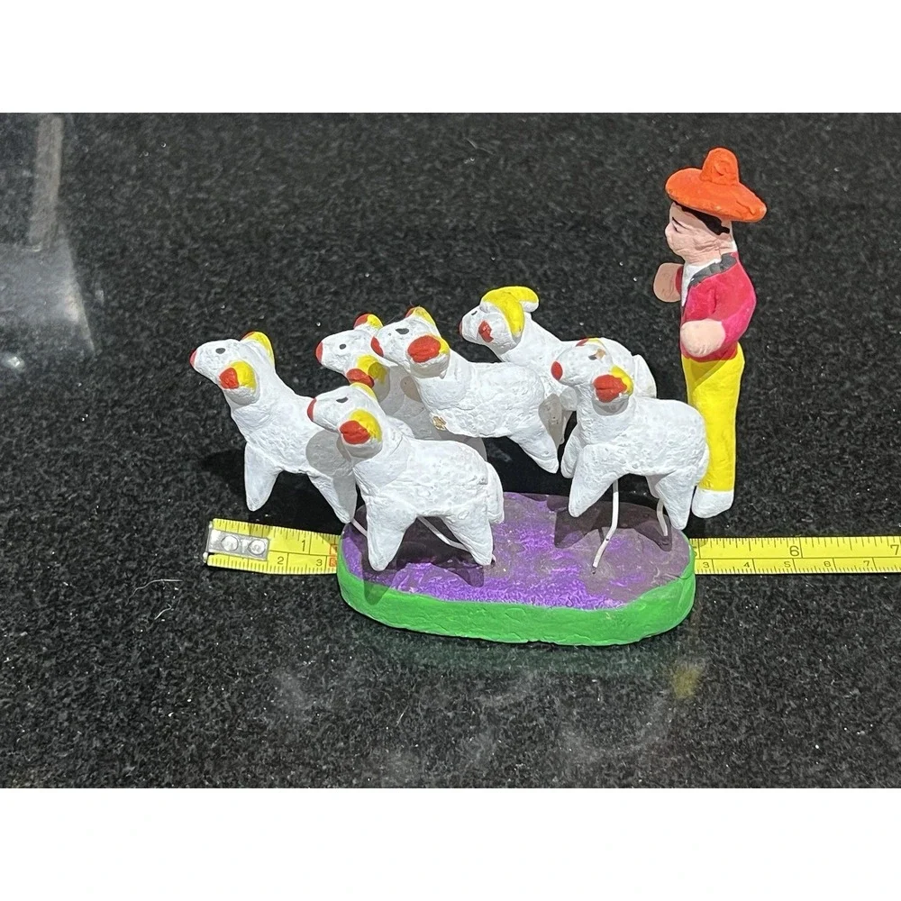 Vintage Mexican Folk Art Man Herding Sheep Clay Wire‎ Herder Farmer Lambs